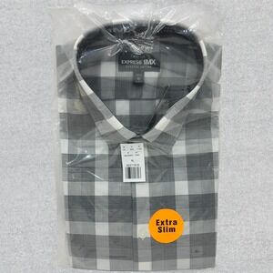 NEW Express 1MX Button Up Shirt Men's XL Black White Long Sleeve Extra Slim Fit